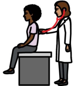 Cartoon drawing of a woman sitting down with a doctor behind her. The doctor is placing a stethoscope on the woman’s back.