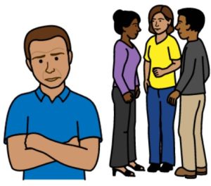 Cartoon drawing of a man being left out of a group of 3 people. The man being left out has his arms crossed and looks sad.