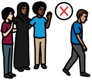 Cartoon drawing of 3 people next to each other. A 4th man is walking away from the group, looking sad. There is a red cross next to him.