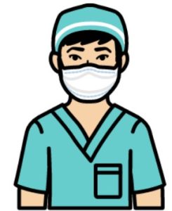 Cartoon drawing of a man in scrubs with a face mask on.