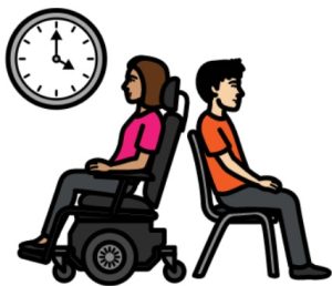 Cartoon drawing of a woman and a man sitting back-to-back. There is a clock next to them.