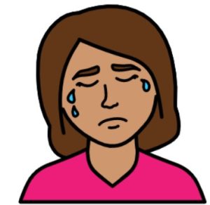 A cartoon drawing of a woman with brown hair crying.