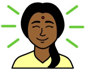 Cartoon drawing of a woman smiling with her eyes closed. She has dark hair and a yellow T-shirt. There are 6 green lines around her.