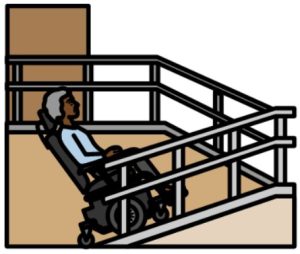 Cartoon drawing of a woman with grey hair in a motorised wheelchair going up a ramp into a building.