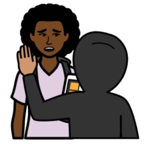 Cartoon drawing of a woman with black hair looking very scared. There is a person in front of her who is facing her. They are wearing a black hooded jumper. They have their hand raised.