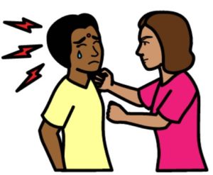 A cartoon drawing of 2 women. The woman on the right is punching the woman on the left. The woman on the left is crying.