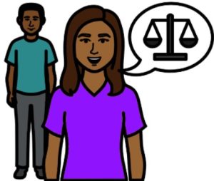 Cartoon drawing of a woman standing in front of a man. There is a speech bubble next to the woman with the Scales of Justice inside it.