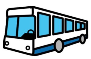 Cartoon drawing of a white bus with blue windows and grey wheels.