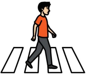 Cartoon drawing of a man with black hair walking over a crossing.