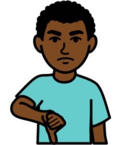 A cartoon drawing of a man with black hair frowning and giving a ‘thumbs down’.