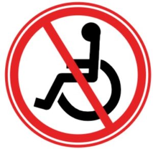 Wheelchair symbol with a red line through it.