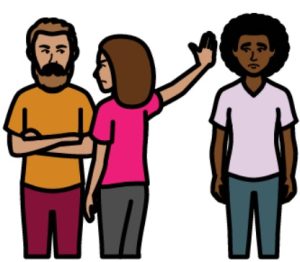 A cartoon drawing of a woman with dark skin standing apart from 2 other people who are leaving her out.