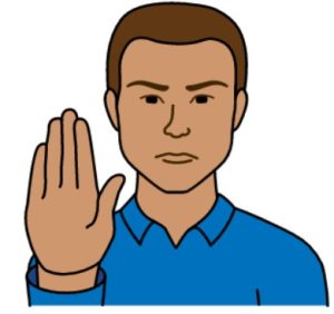 Cartoon drawing of a man with a serious expression holding his hand out in front of him to say ‘stop’.