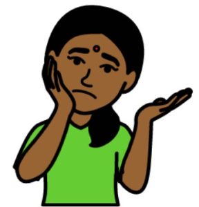 Cartoon drawing of a woman with black hair looking unsure with her hand held out, palm facing upward.